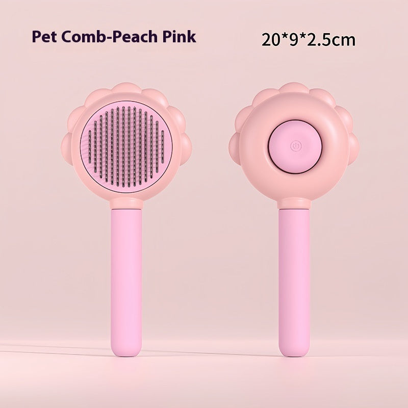 "2-in-1 self-cleaning dog brush comb with spray, designed to remove floating hair and groom pets effectively, keeping their coats smooth and tangle-free."