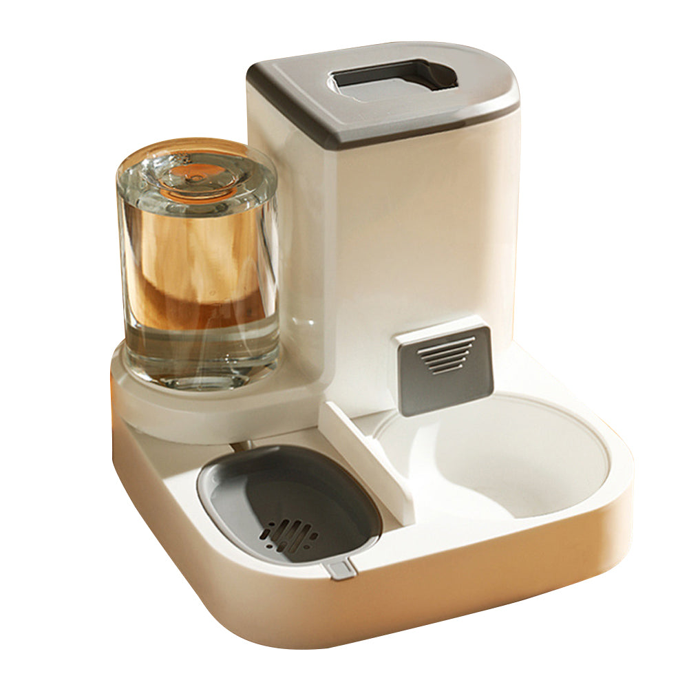 "Automatic 2-in-1 pet feeder and water fountain with food bowl, designed for dogs and cats, convenient pet supply for feeding and hydration."