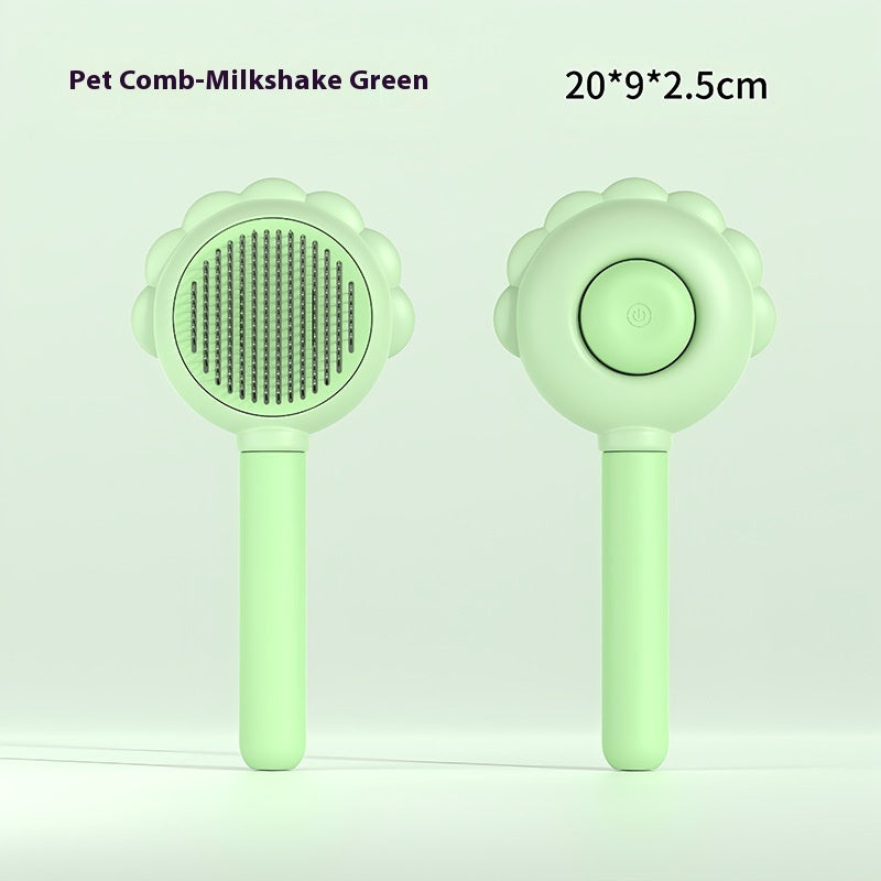 "Dual-action self-cleaning pet brush with spray for grooming and removing loose hair, keeping pets' coats clean, tangle-free, and well-groomed."