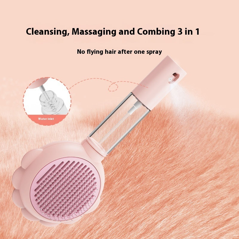 "Dual-action self-cleaning pet brush with spray for grooming and removing loose hair, designed to keep pets' coats clean, tangle-free, and well-maintained."