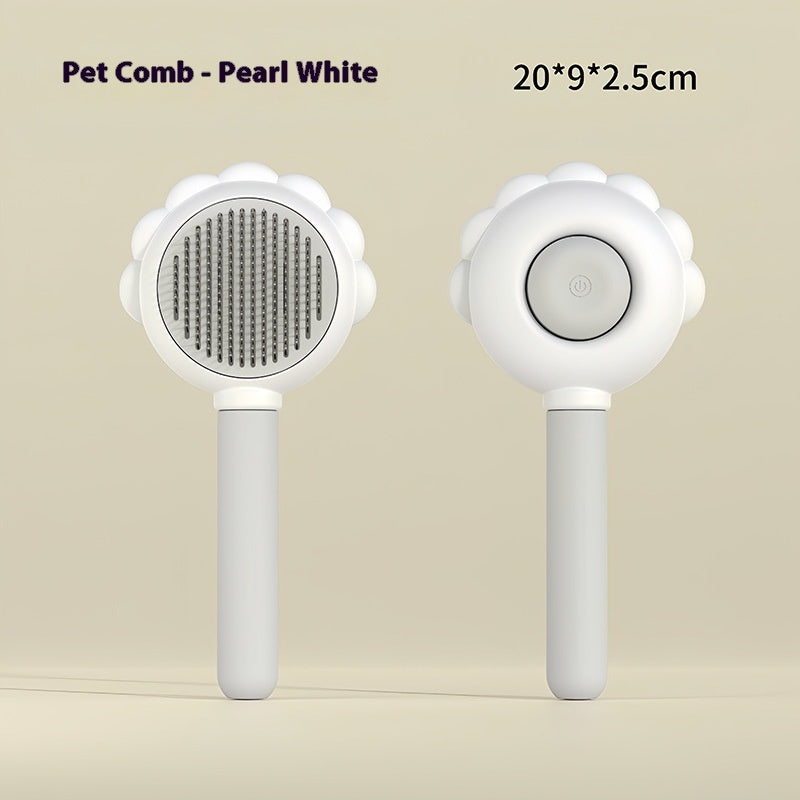 "2-in-1 self-cleaning dog brush comb with spray, designed to remove floating hair and groom pets effectively, keeping their coats smooth and tangle-free."