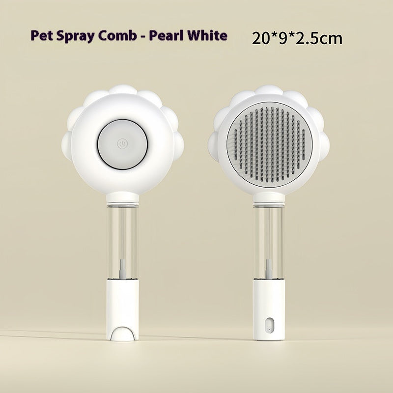 "Dual-action self-cleaning pet brush with spray for effective grooming and loose hair removal, ensuring pets' coats stay clean, tangle-free, and well-maintained."