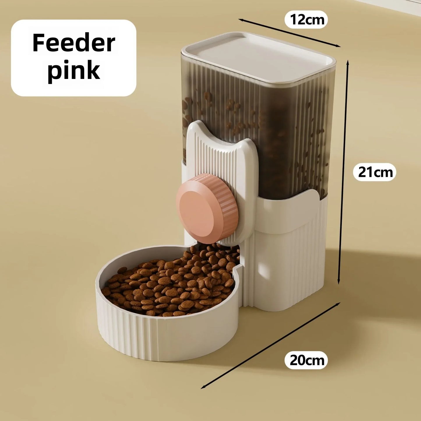  A cat hanging next to a water dispenser, while a dog drinks from a water bowl below. In the background, there is an automatic feeding system, and a rabbit cage with a hanging water bottle. The setup shows various pet supplies for different animals.