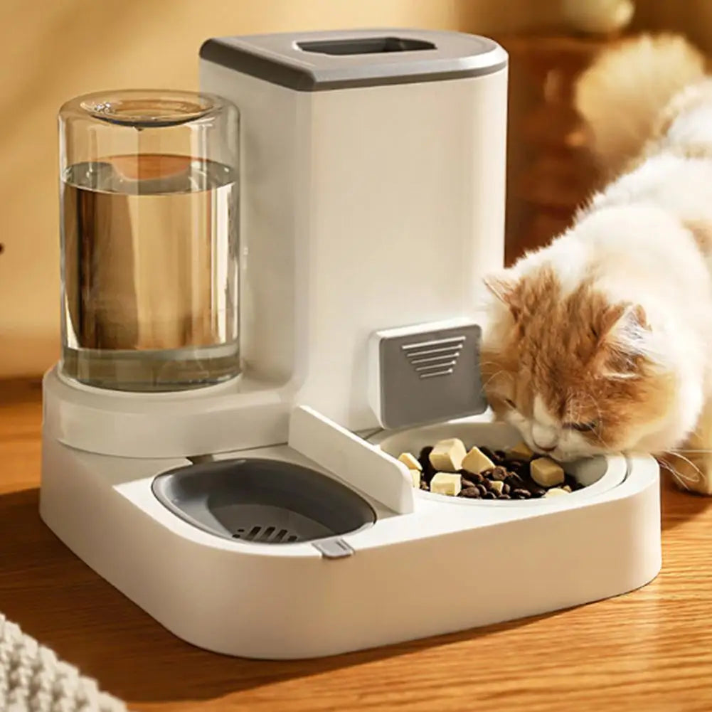 "2-in-1 automatic pet feeder and water dispenser for dogs and cats, includes food bowl and drinking fountain, ideal pet supplies for your furry friends."