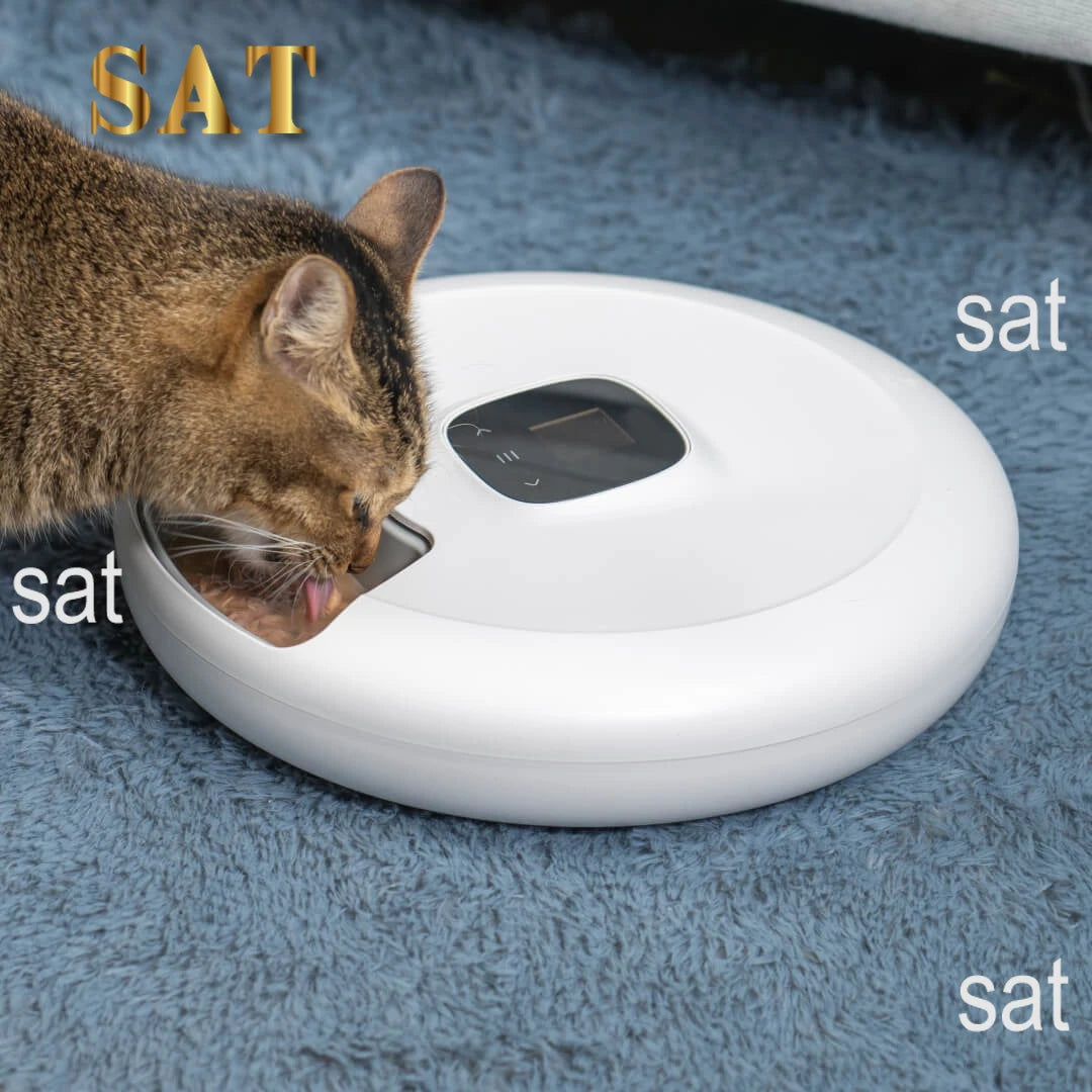 "Automatic cat feeder with triple storage, stainless steel bowl, and spinner lid, designed to dispense six meals of dry pet food for convenient feeding."