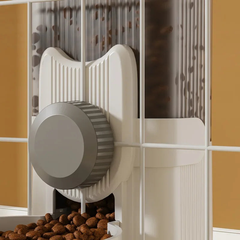  A cat perched near a hanging water dispenser, while a dog drinks from a bowl below. Nearby, an automatic feeder is visible, along with a rabbit cage featuring a hanging water bottle. The image showcases a variety of pet supplies for different animals.