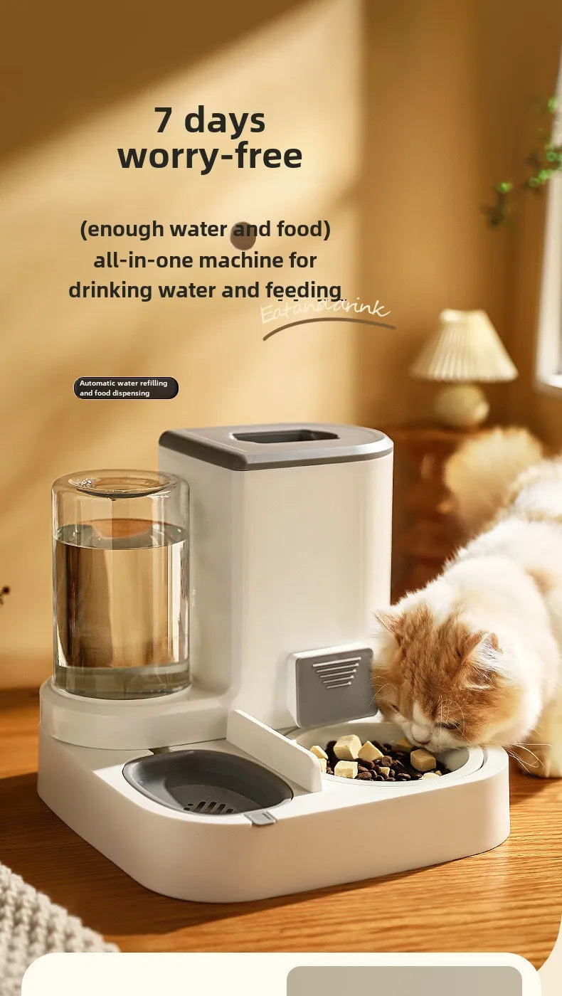 "2-in-1 automatic pet feeder with water dispenser, featuring separate bowls for cats and dogs, ensuring easy feeding and hydration for your furry friends."