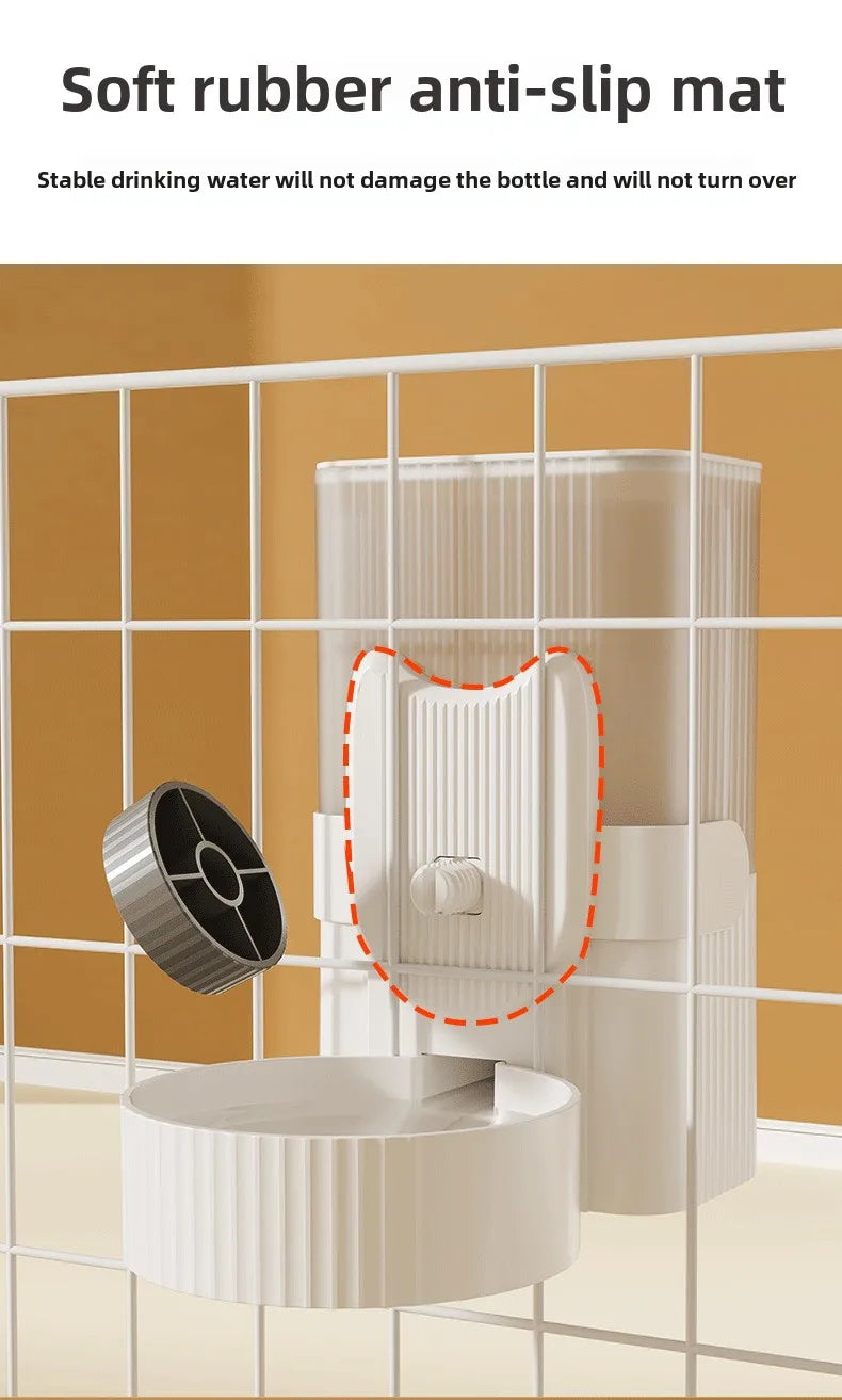  A cat perched near a hanging water dispenser, while a dog drinks from a bowl below. Nearby, an automatic feeder is visible, along with a rabbit cage featuring a hanging water bottle. The image showcases a variety of pet supplies for different animals.