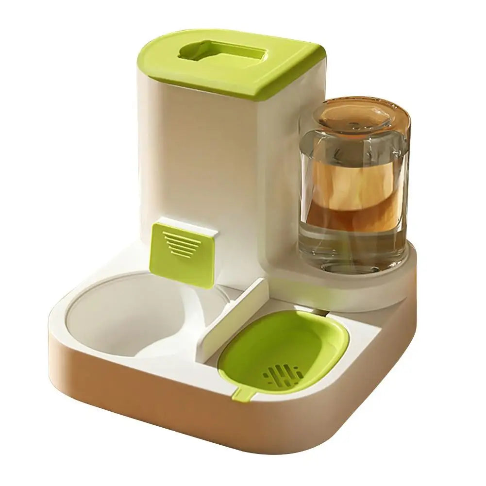"Automatic 2-in-1 pet feeder and water fountain with food bowl, designed for dogs and cats, convenient pet supply for feeding and hydration."