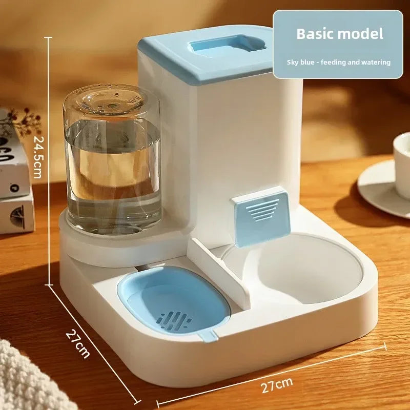 "2-in-1 automatic feeder and water dispenser for cats and dogs, with separate food and water bowls to provide easy feeding and hydration for your pets."