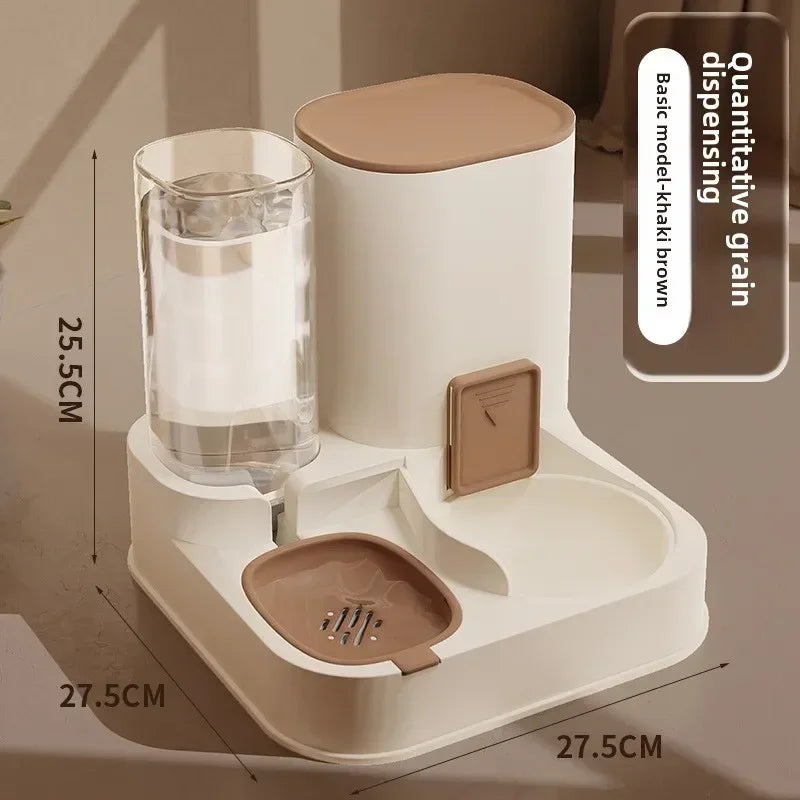 "2-in-1 automatic feeder and water dispenser for cats and dogs, with separate food and water bowls to provide easy feeding and hydration for your pets."