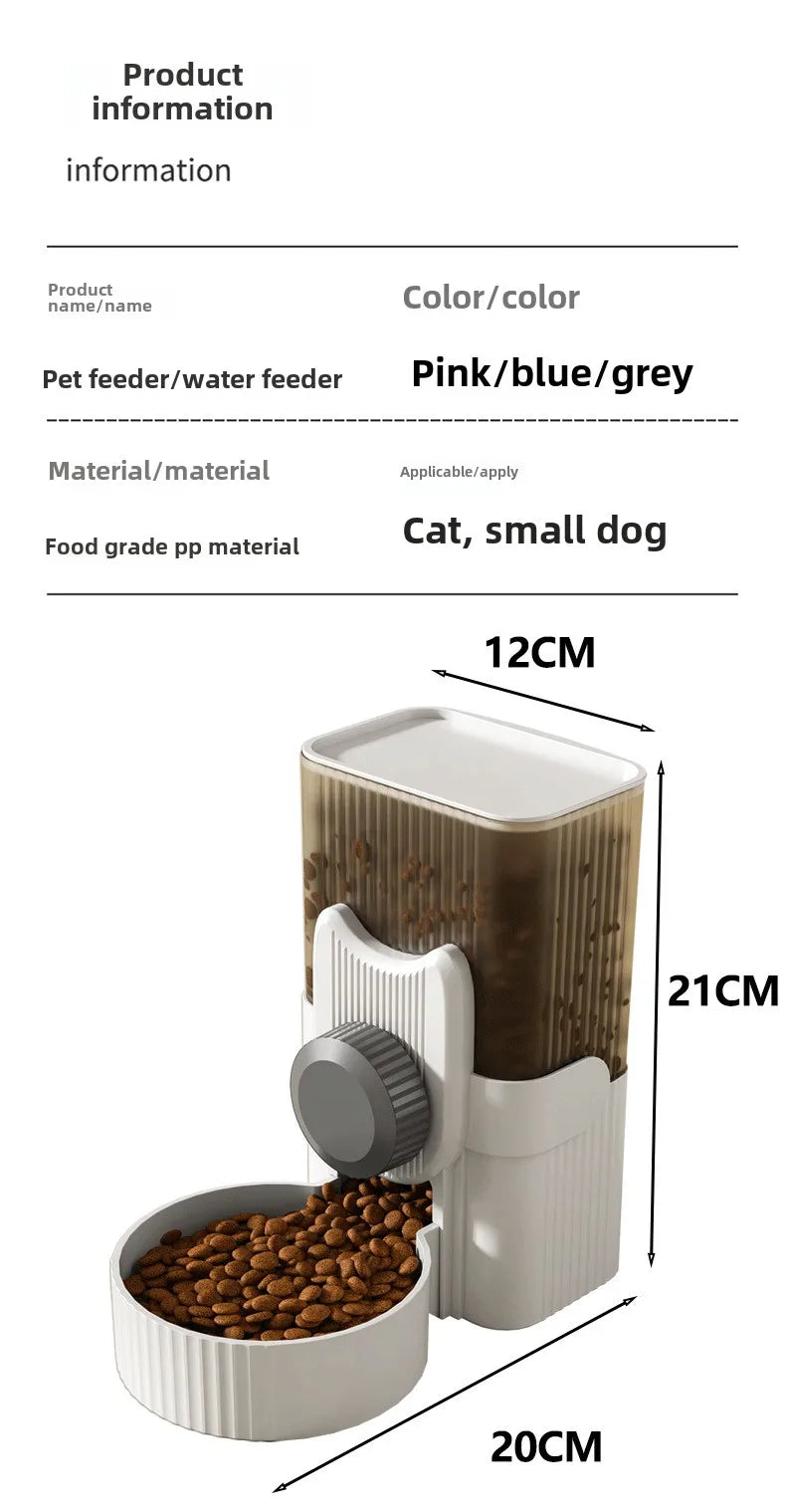  A cat perched near a hanging water dispenser, while a dog drinks from a bowl below. Nearby, an automatic feeder is visible, along with a rabbit cage featuring a hanging water bottle. The image showcases a variety of pet supplies for different animals.