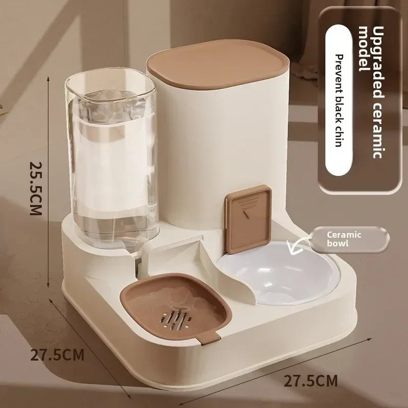 "2-in-1 automatic feeder and water dispenser for cats and dogs, with separate food and water bowls to provide easy feeding and hydration for your pets."