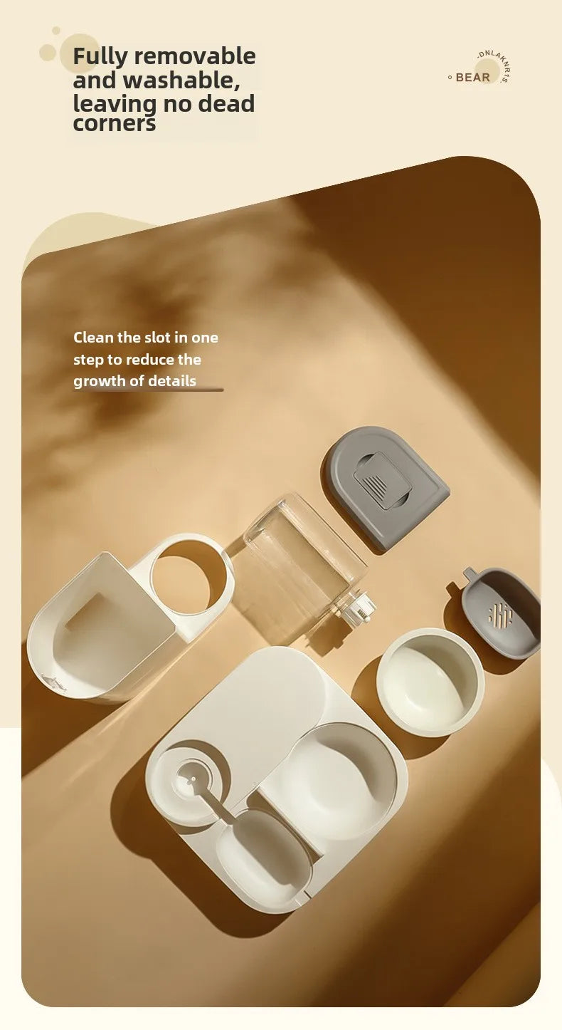 "2-in-1 automatic feeder and water dispenser for cats and dogs, with separate food and water bowls to provide easy feeding and hydration for your pets."