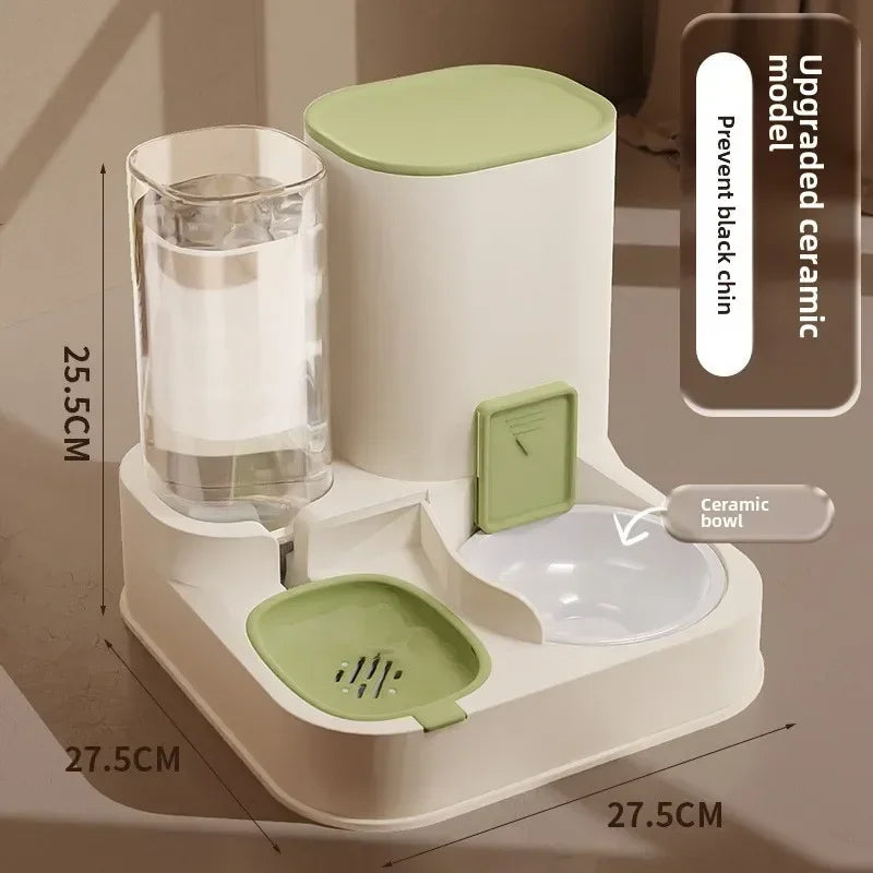 "2-in-1 automatic feeder and water dispenser for cats and dogs, with separate food and water bowls to provide easy feeding and hydration for your pets."