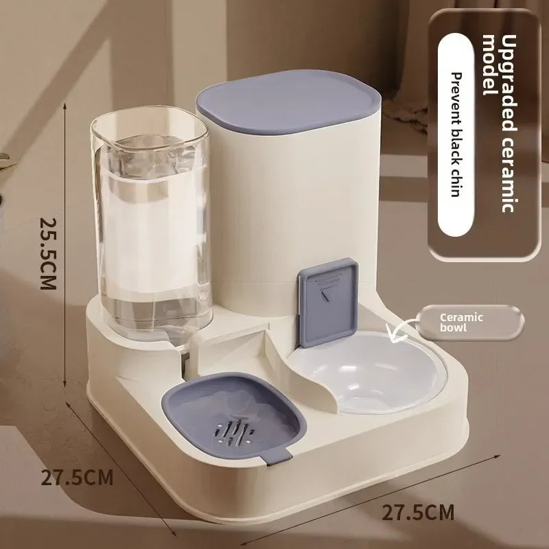 "2-in-1 automatic feeder and water dispenser for cats and dogs, with separate food and water bowls to provide easy feeding and hydration for your pets."