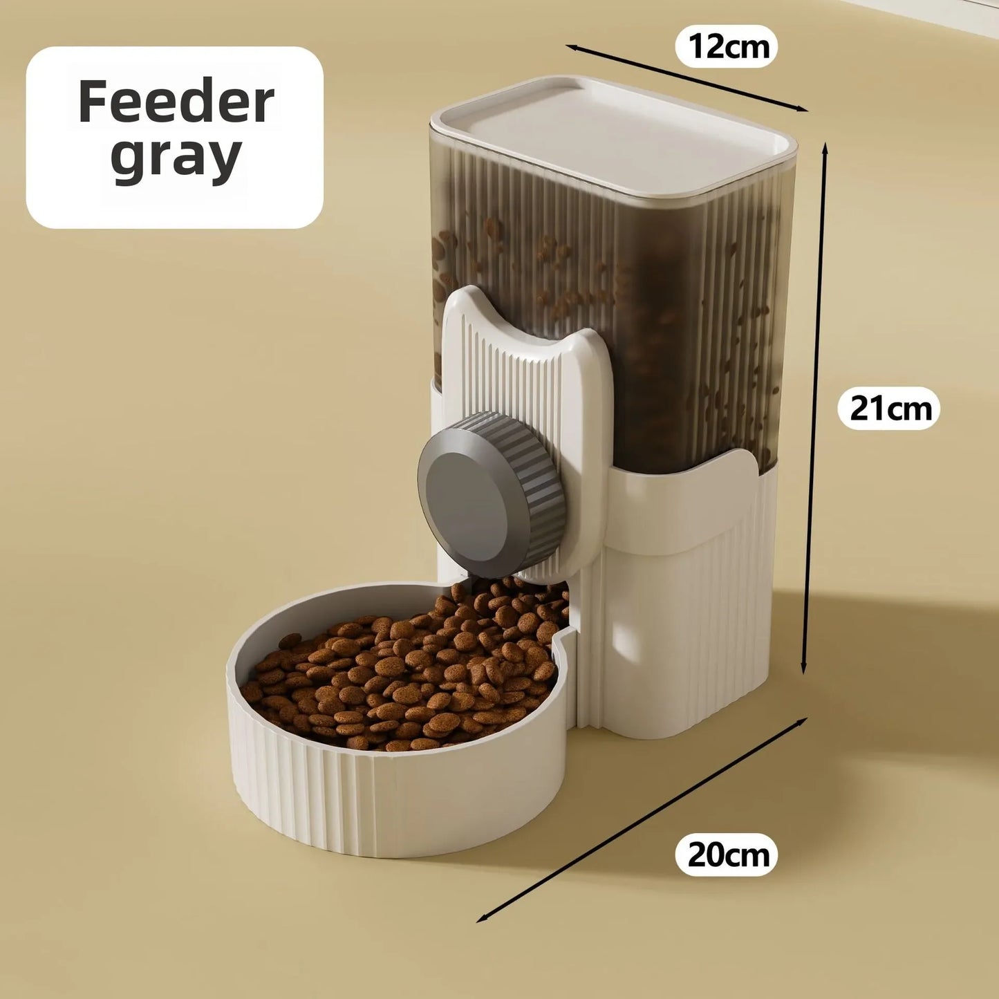 A cat hanging next to a water dispenser, while a dog drinks from a water bowl below. In the background, there is an automatic feeding system, and a rabbit cage with a hanging water bottle. The setup shows various pet supplies for different animals.