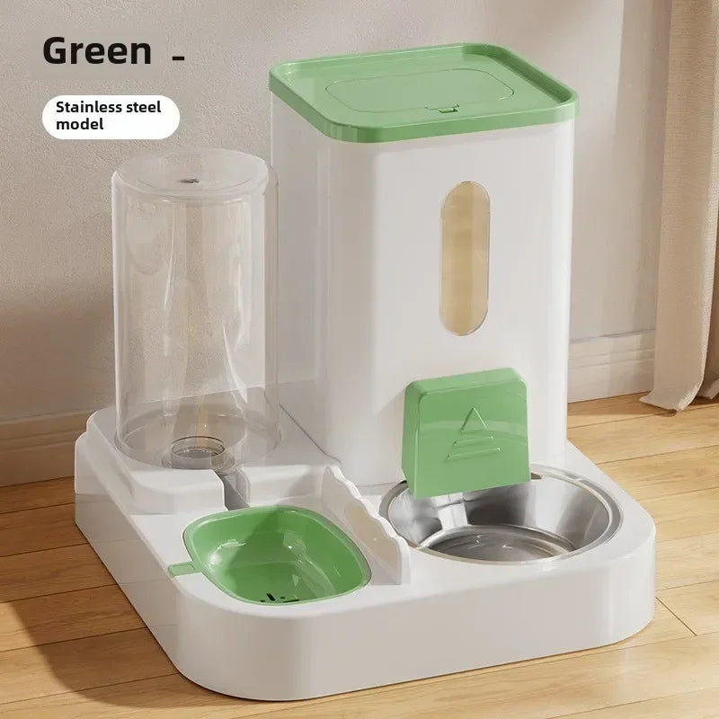 "2-in-1 automatic feeder and water dispenser for cats and dogs, with separate food and water bowls to provide easy feeding and hydration for your pets."