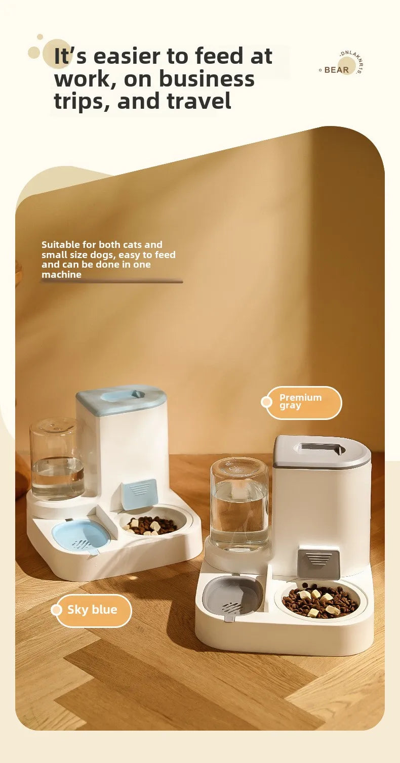 "2-in-1 automatic feeder and water dispenser for cats and dogs, with separate food and water bowls to provide easy feeding and hydration for your pets."