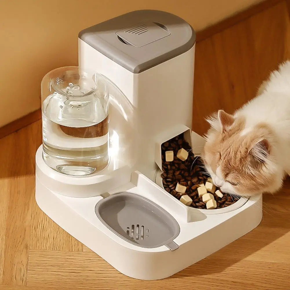 "2-in-1 automatic pet feeder and water dispenser for dogs and cats, includes food bowl and drinking fountain, ideal pet supplies for your furry friends."