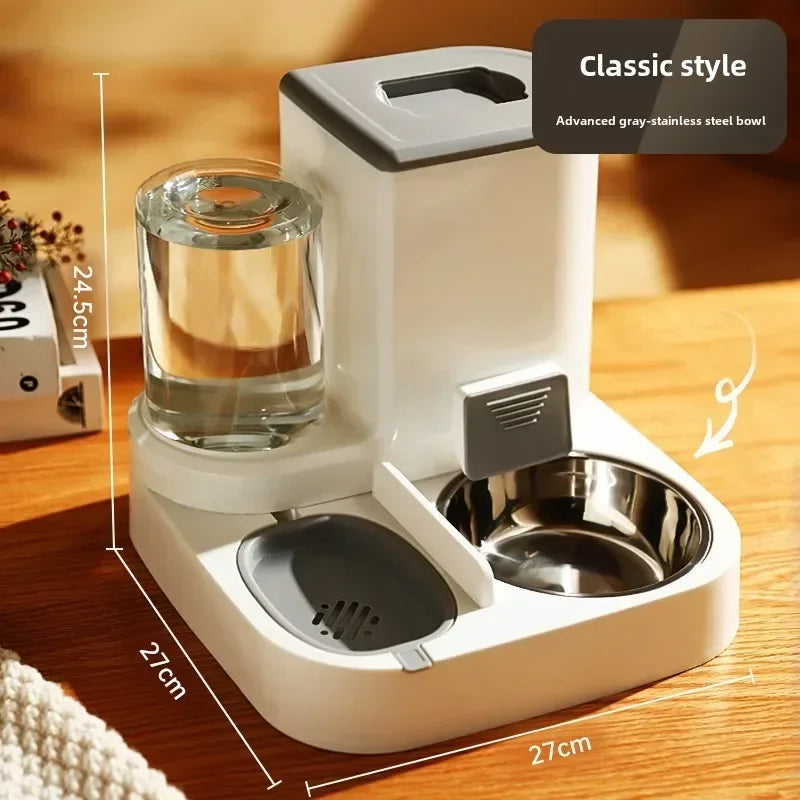 "2-in-1 automatic feeder and water dispenser for cats and dogs, with separate food and water bowls to provide easy feeding and hydration for your pets."