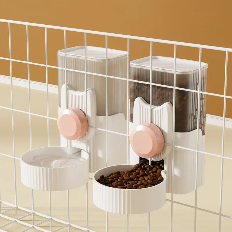  A cat perched near a hanging water dispenser, while a dog drinks from a bowl below. Nearby, an automatic feeder is visible, along with a rabbit cage featuring a hanging water bottle. The image showcases a variety of pet supplies for different animals.