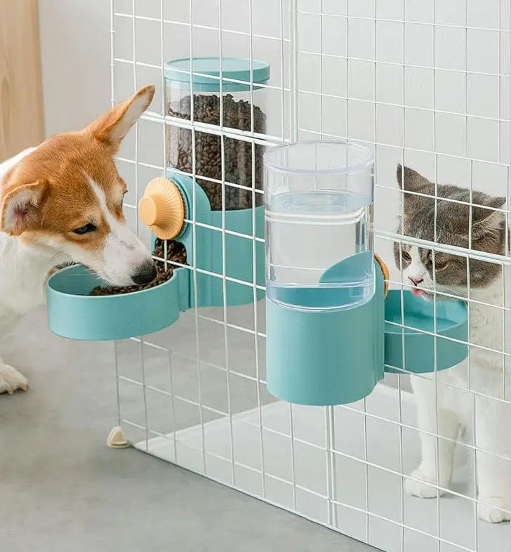 "Automatic hanging drinking fountain and feeder for cat cages, featuring a large capacity water drinker and feeding bowl, ideal for kittens, puppies, and rabbits."