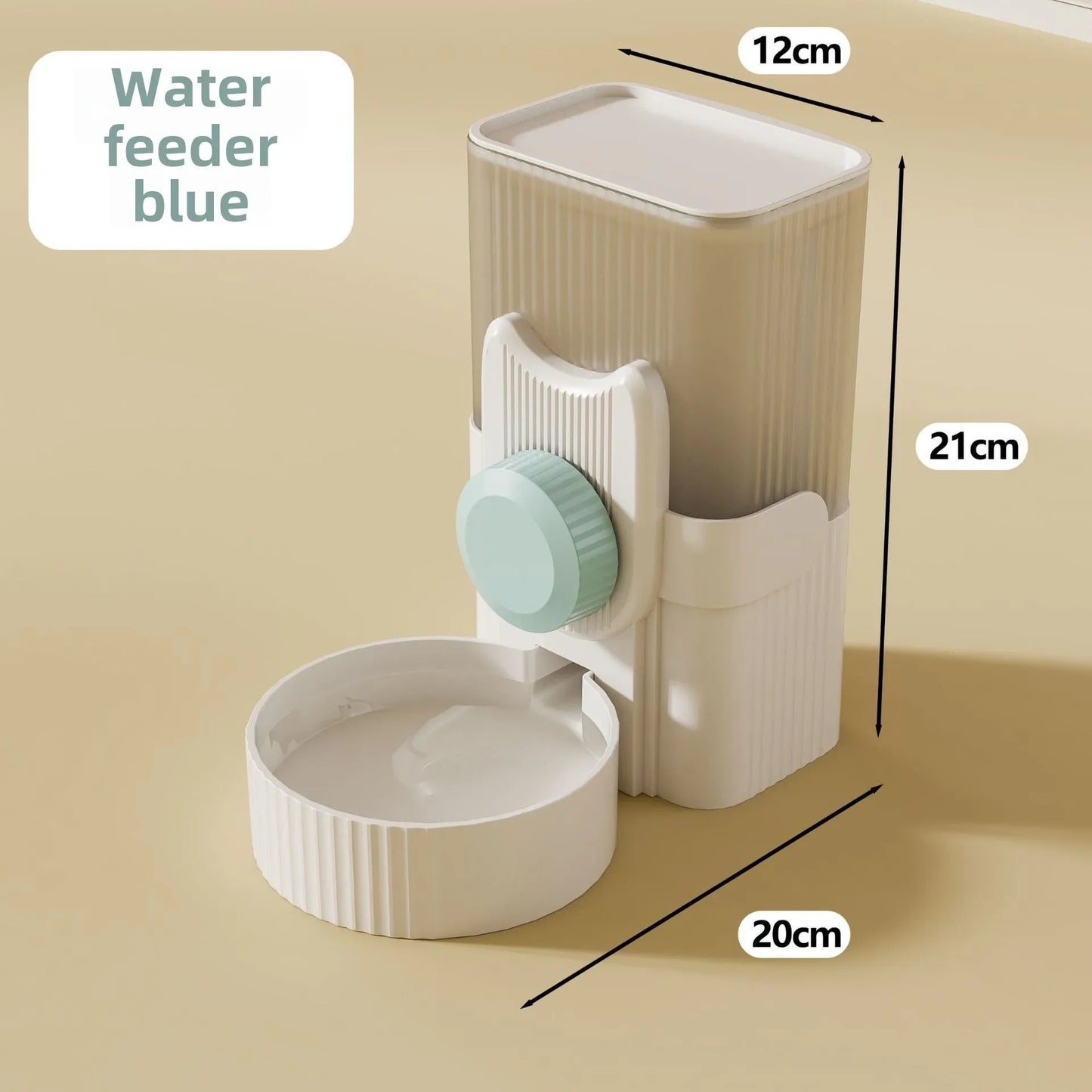  A cat hanging next to a water dispenser, while a dog drinks from a water bowl below. In the background, there is an automatic feeding system, and a rabbit cage with a hanging water bottle. The setup shows various pet supplies for different animals.