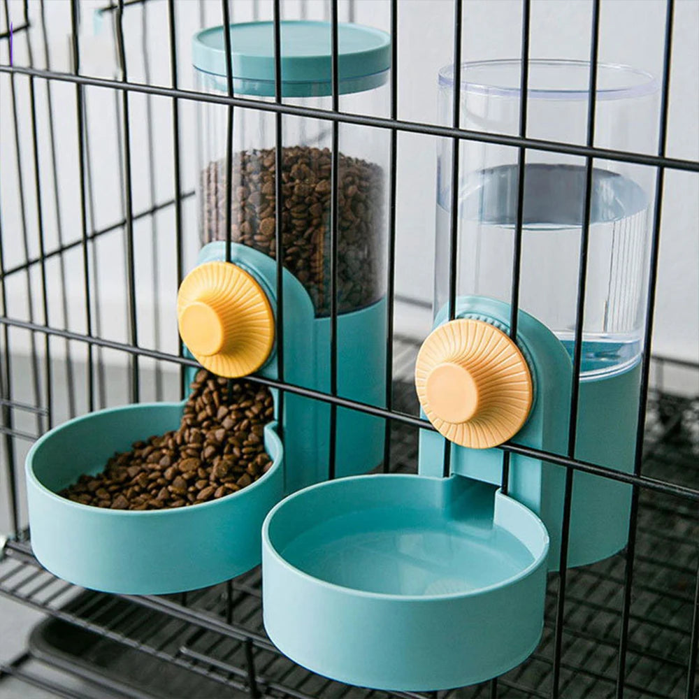 "Automatic hanging drinking fountain and feeder for cat cages, featuring a large capacity water drinker and feeding bowl, ideal for kittens, puppies, and rabbits."