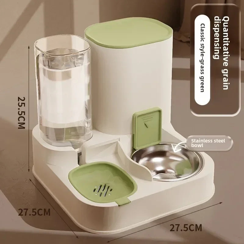 "2-in-1 automatic feeder and water dispenser for cats and dogs, with separate food and water bowls to provide easy feeding and hydration for your pets."