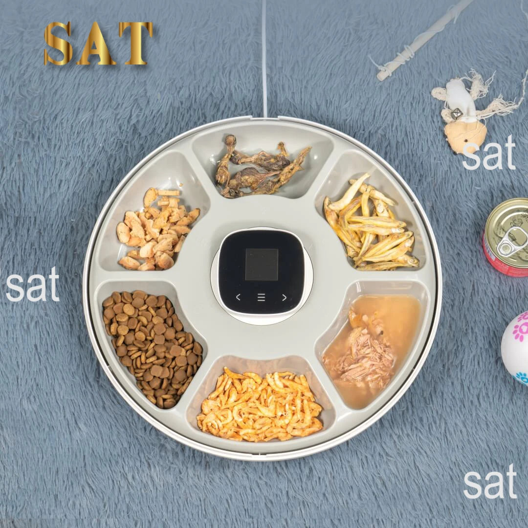 "Smart automatic cat feeder with triple storage for dry food, featuring a stainless steel bowl, spinner lid, and the ability to serve six meals for your pet."