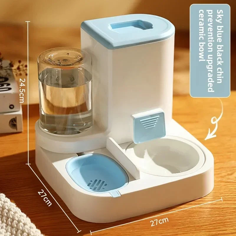 "2-in-1 automatic feeder and water dispenser for cats and dogs, with separate food and water bowls to provide easy feeding and hydration for your pets."