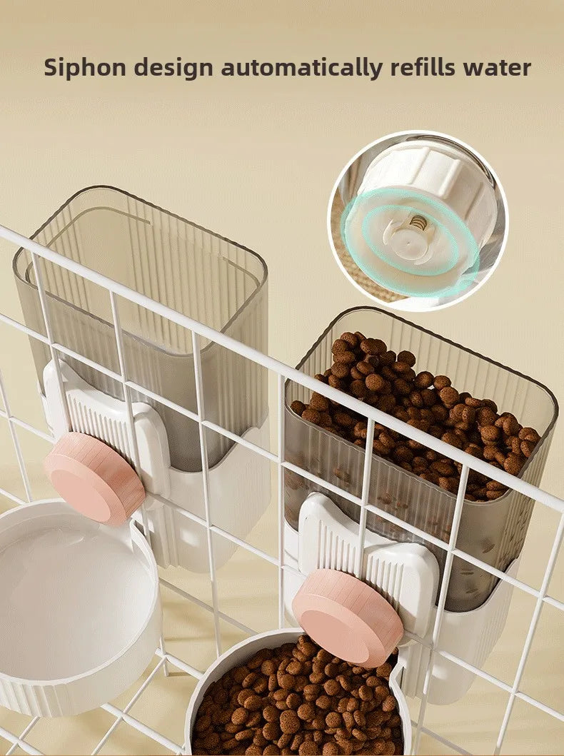  A cat perched near a hanging water dispenser, while a dog drinks from a bowl below. Nearby, an automatic feeder is visible, along with a rabbit cage featuring a hanging water bottle. The image showcases a variety of pet supplies for different animals.