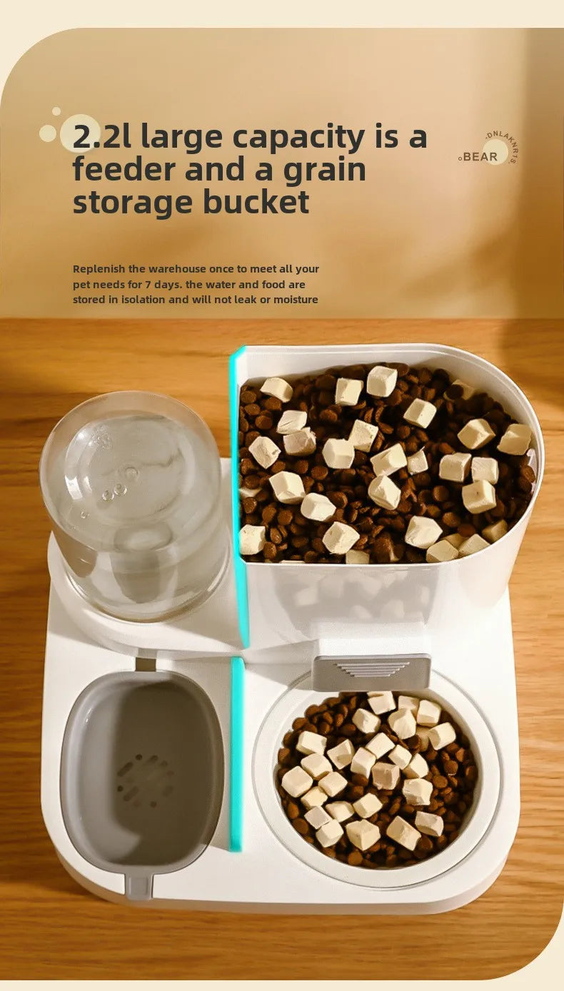 "2-in-1 automatic feeder and water dispenser for cats and dogs, with separate food and water bowls to provide easy feeding and hydration for your pets."
