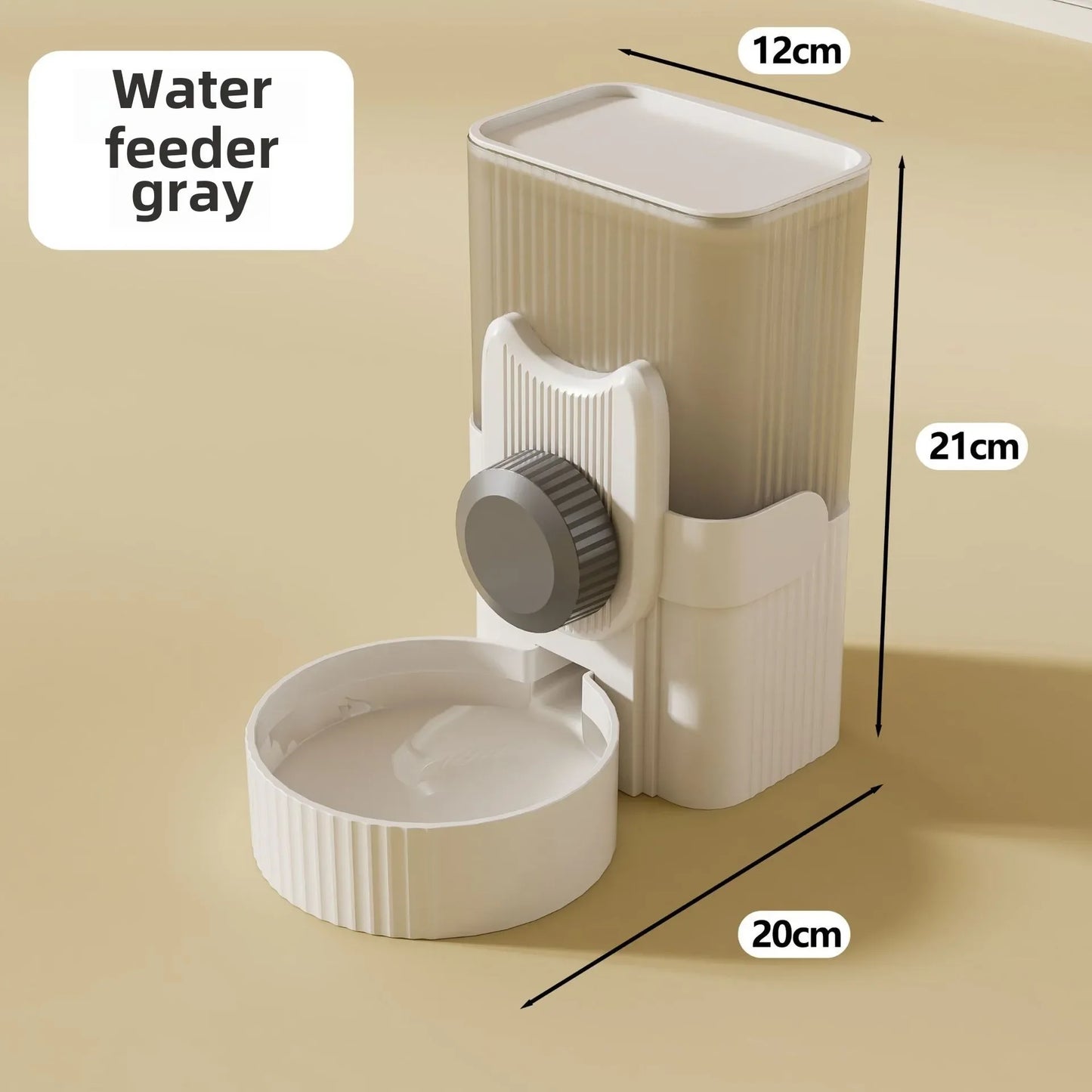  A cat hanging next to a water dispenser, while a dog drinks from a water bowl below. In the background, there is an automatic feeding system, and a rabbit cage with a hanging water bottle. The setup shows various pet supplies for different animals.