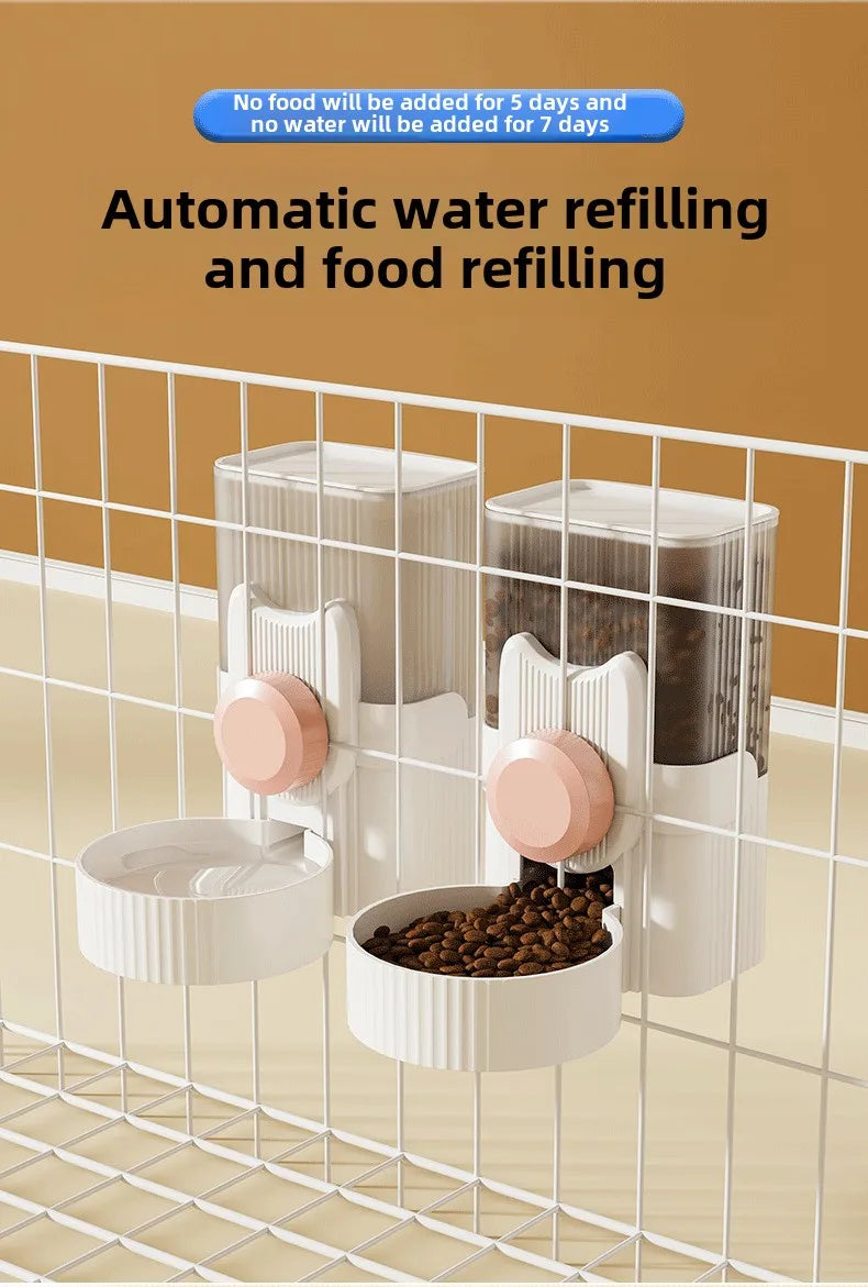  A cat hanging next to a water dispenser, while a dog drinks from a water bowl below. In the background, there is an automatic feeding system, and a rabbit cage with a hanging water bottle. The setup shows various pet supplies for different animals.