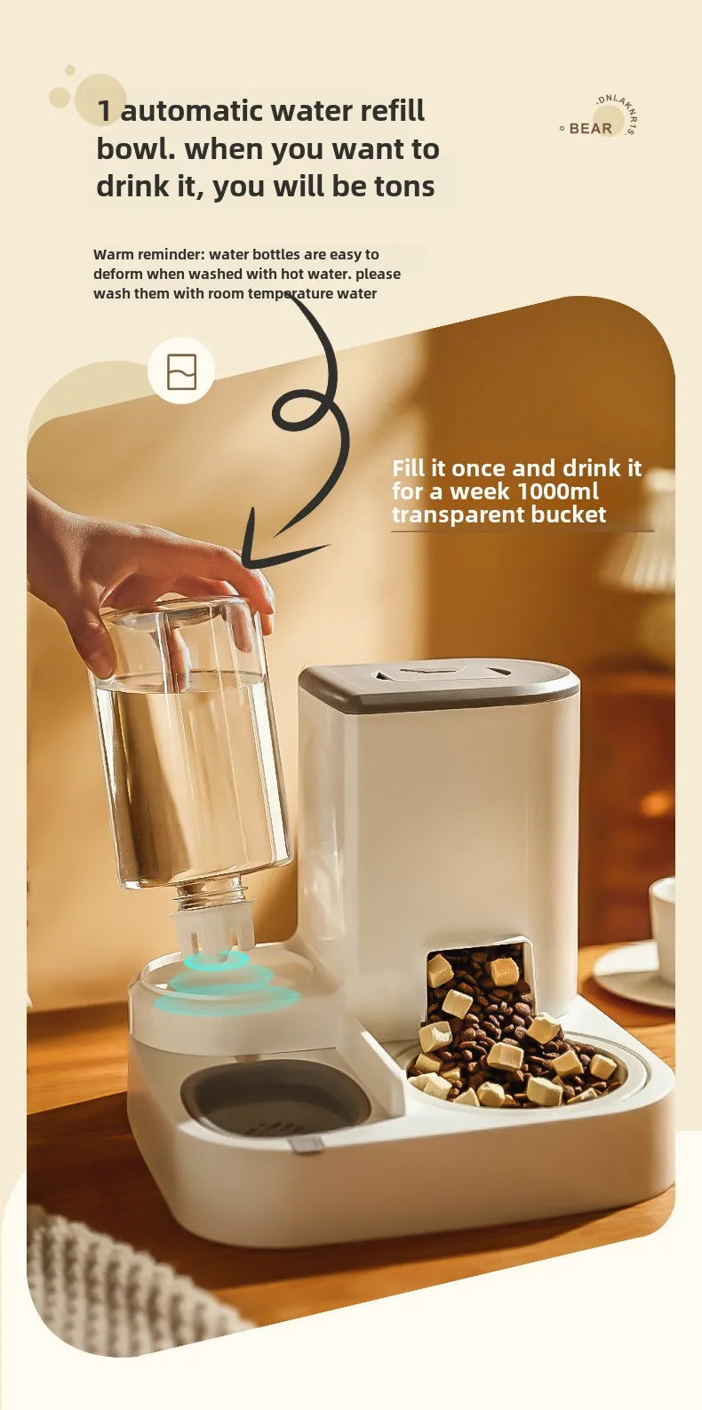 "2-in-1 automatic feeder and water dispenser for cats and dogs, with separate food and water bowls to provide easy feeding and hydration for your pets."