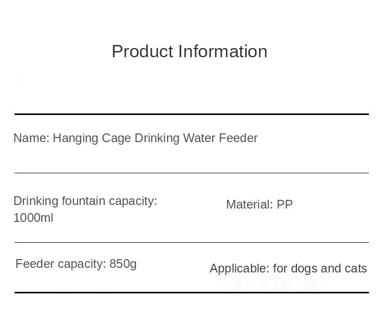 Cat Cage Hanging Automatic Drinking Fountain Feeder Large Capacity Kitten Puppy Rabbit Feeding Bowl Water Drinker Pets Supplies