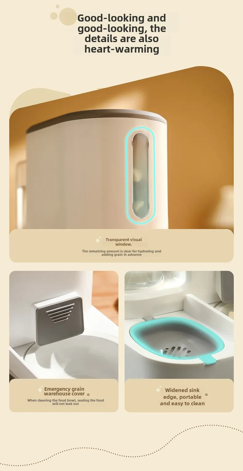 "2-in-1 automatic feeder and water dispenser for cats and dogs, with separate food and water bowls to provide easy feeding and hydration for your pets."
