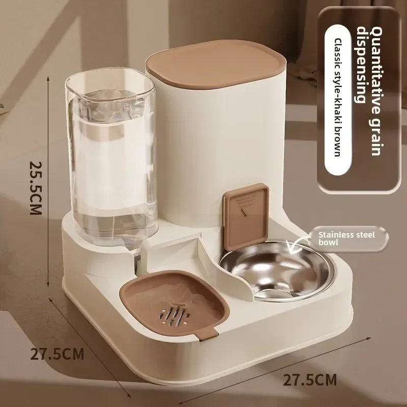 "2-in-1 automatic feeder and water dispenser for cats and dogs, with separate food and water bowls to provide easy feeding and hydration for your pets."