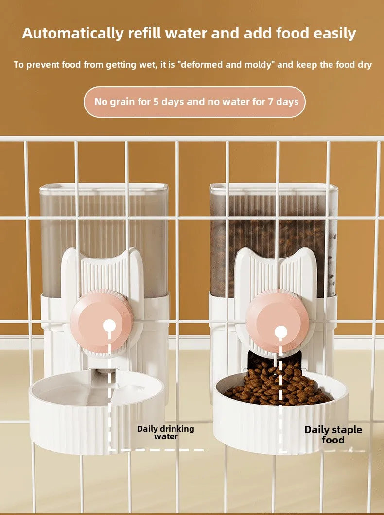  A cat perched near a hanging water dispenser, while a dog drinks from a bowl below. Nearby, an automatic feeder is visible, along with a rabbit cage featuring a hanging water bottle. The image showcases a variety of pet supplies for different animals.