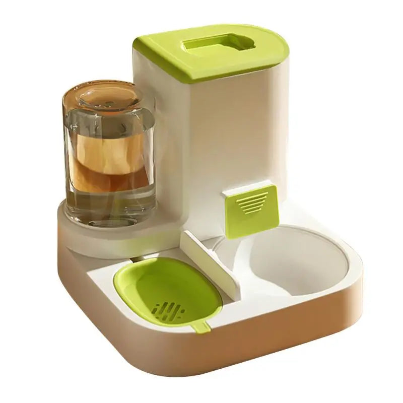 "Automatic 2-in-1 pet feeder and water fountain with food bowl, designed for dogs and cats, convenient pet supply for feeding and hydration."