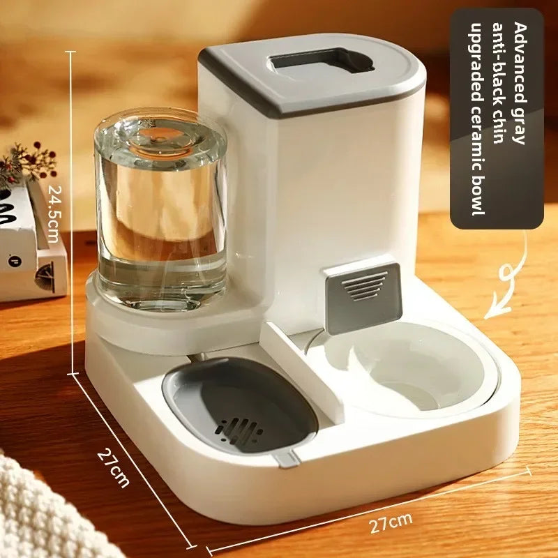 "2-in-1 automatic feeder and water dispenser for cats and dogs, with separate food and water bowls to provide easy feeding and hydration for your pets."