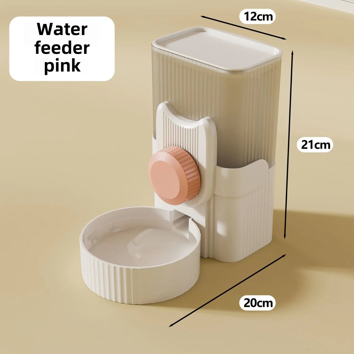  A cat perched near a hanging water dispenser, while a dog drinks from a bowl below. Nearby, an automatic feeder is visible, along with a rabbit cage featuring a hanging water bottle. The image showcases a variety of pet supplies for different animals.