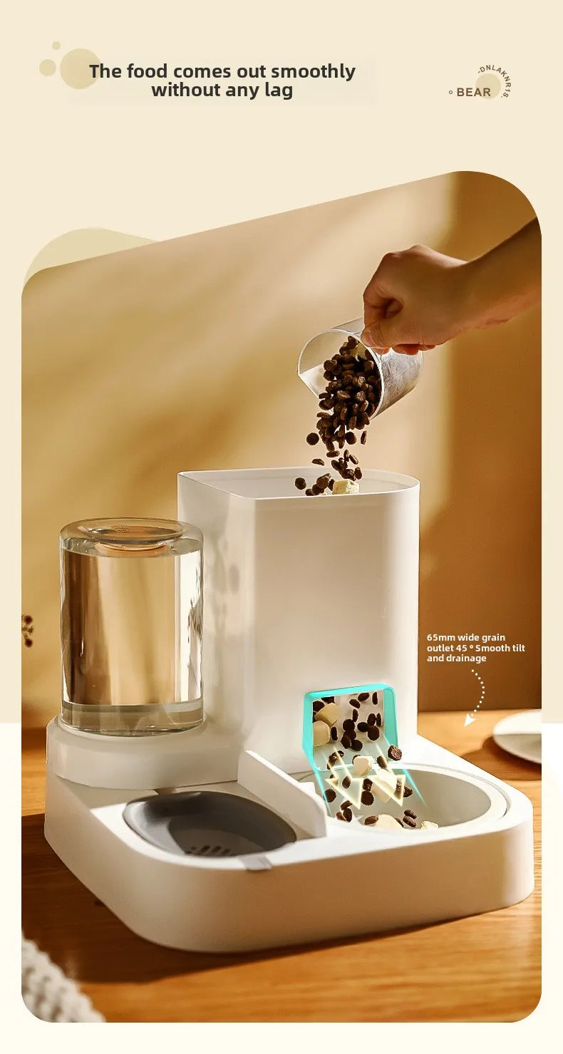 "Automatic 2-in-1 pet feeder and water dispenser with separate cat and dog bowls, designed to simplify feeding and hydration for your pets."
