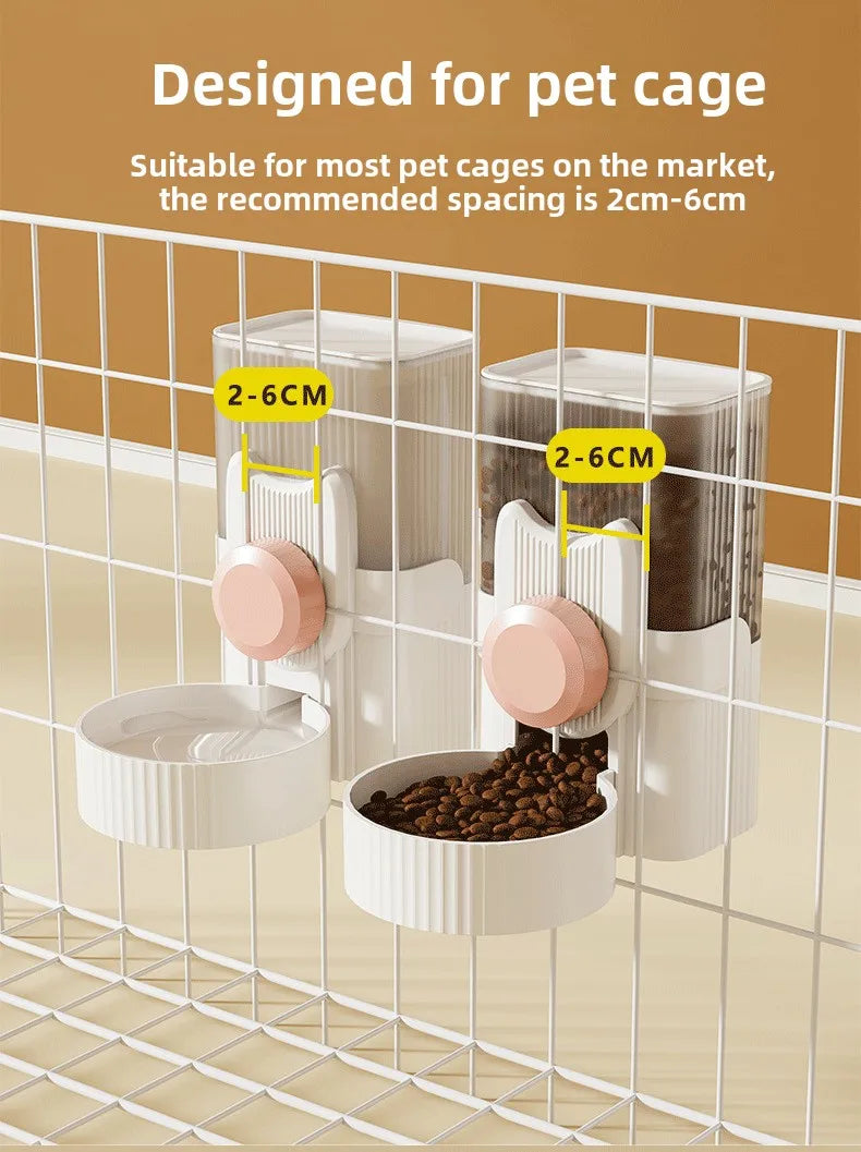  A cat hanging next to a water dispenser, while a dog drinks from a water bowl below. In the background, there is an automatic feeding system, and a rabbit cage with a hanging water bottle. The setup shows various pet supplies for different animals.