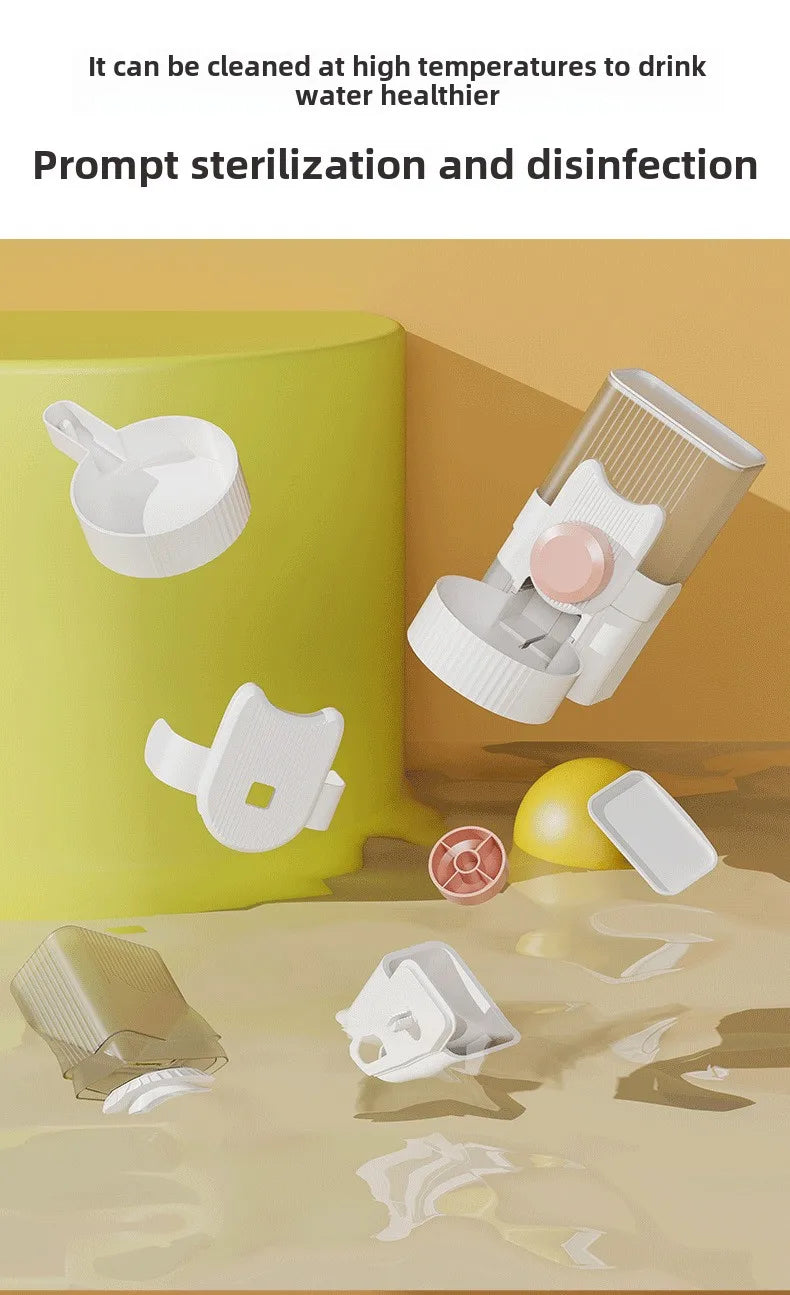  A cat perched near a hanging water dispenser, while a dog drinks from a bowl below. Nearby, an automatic feeder is visible, along with a rabbit cage featuring a hanging water bottle. The image showcases a variety of pet supplies for different animals.