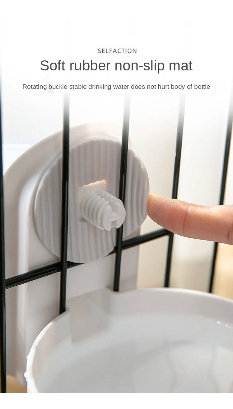 "Cat cage hanging automatic drinking fountain and feeder, with large capacity for kittens, puppies, and rabbits, includes a water drinker and feeding bowl for pets."