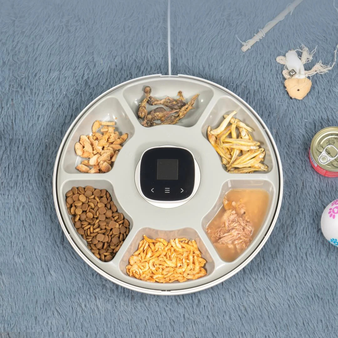 "Smart automatic cat feeder with triple storage for dry food, featuring a stainless steel bowl, spinner lid, and the ability to serve six meals for your pet."