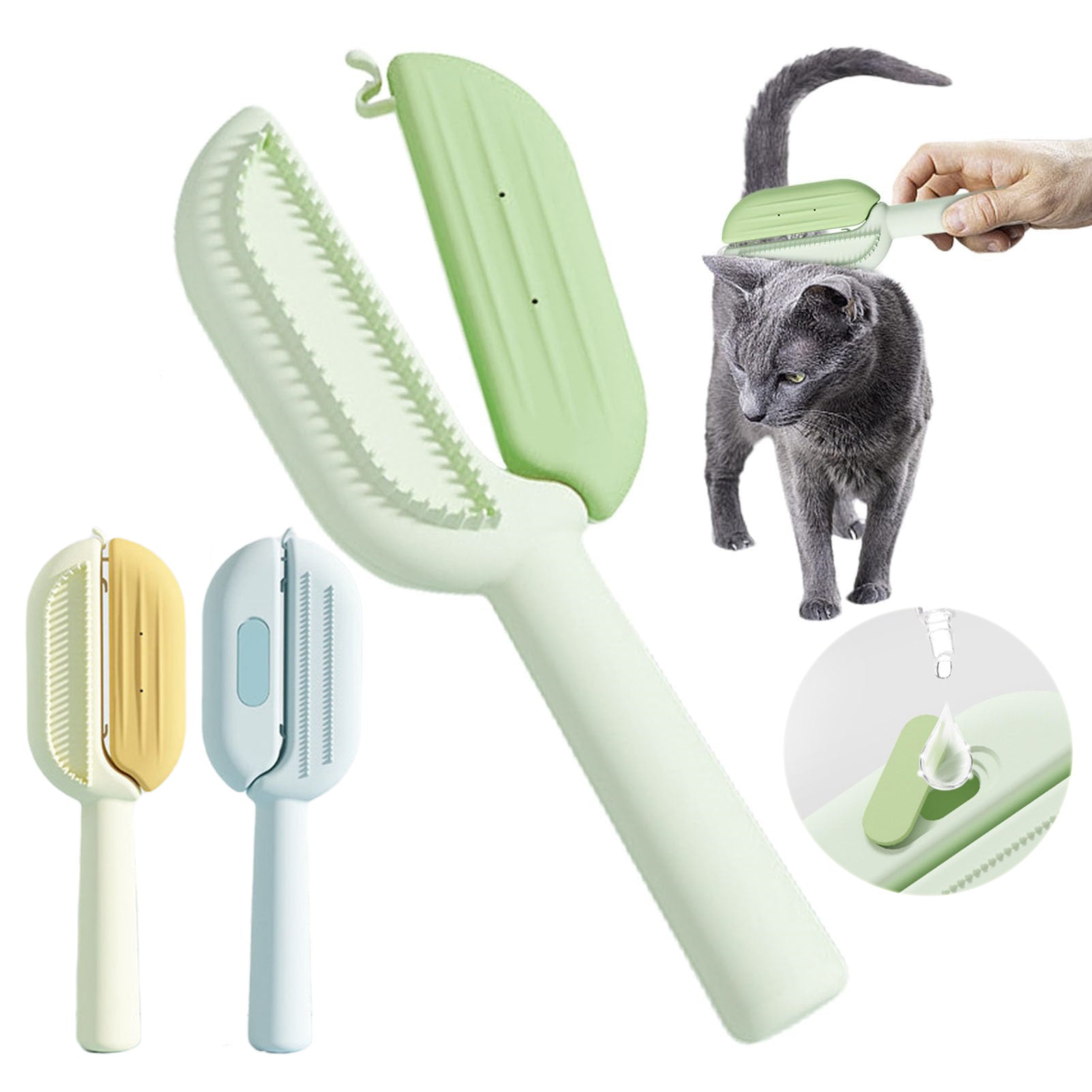 "3-in-1 self-cleaning massage comb and floating hair removal brush for pets, with water tank, perfect for grooming and removing loose fur."